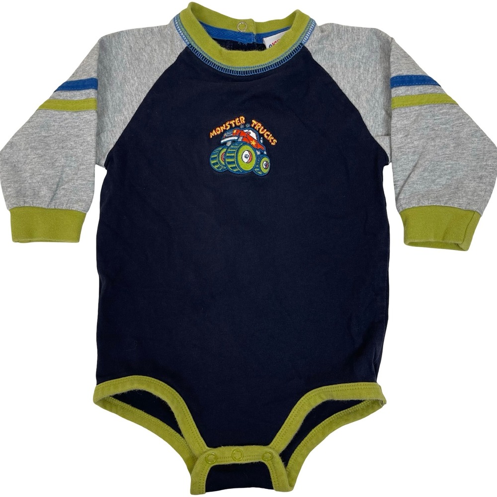 Vintage Okie Dokie Baby Boy Monster Truck‎ Embroidered Long Sleeve One Piece 90s
